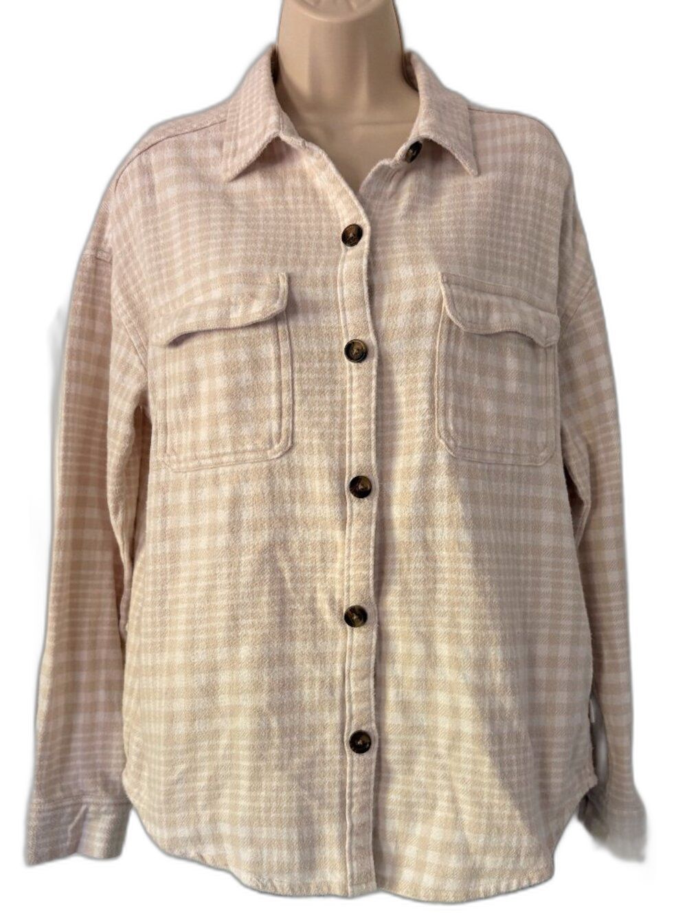 Hollister Plaid Boyfriend Fit Button Up Shirt Grunge Beige Cream Women's Medium